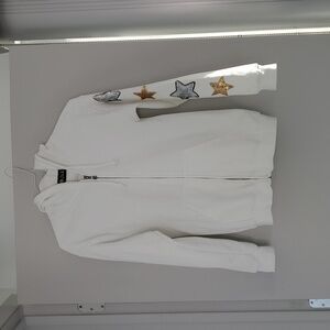 Sojara white hooded sweatshirt.